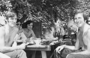 At Jung's Tower at Bollingen in Switzerland. L&ndash;R:Laurens van der Post at Bollingen in Switzerland.